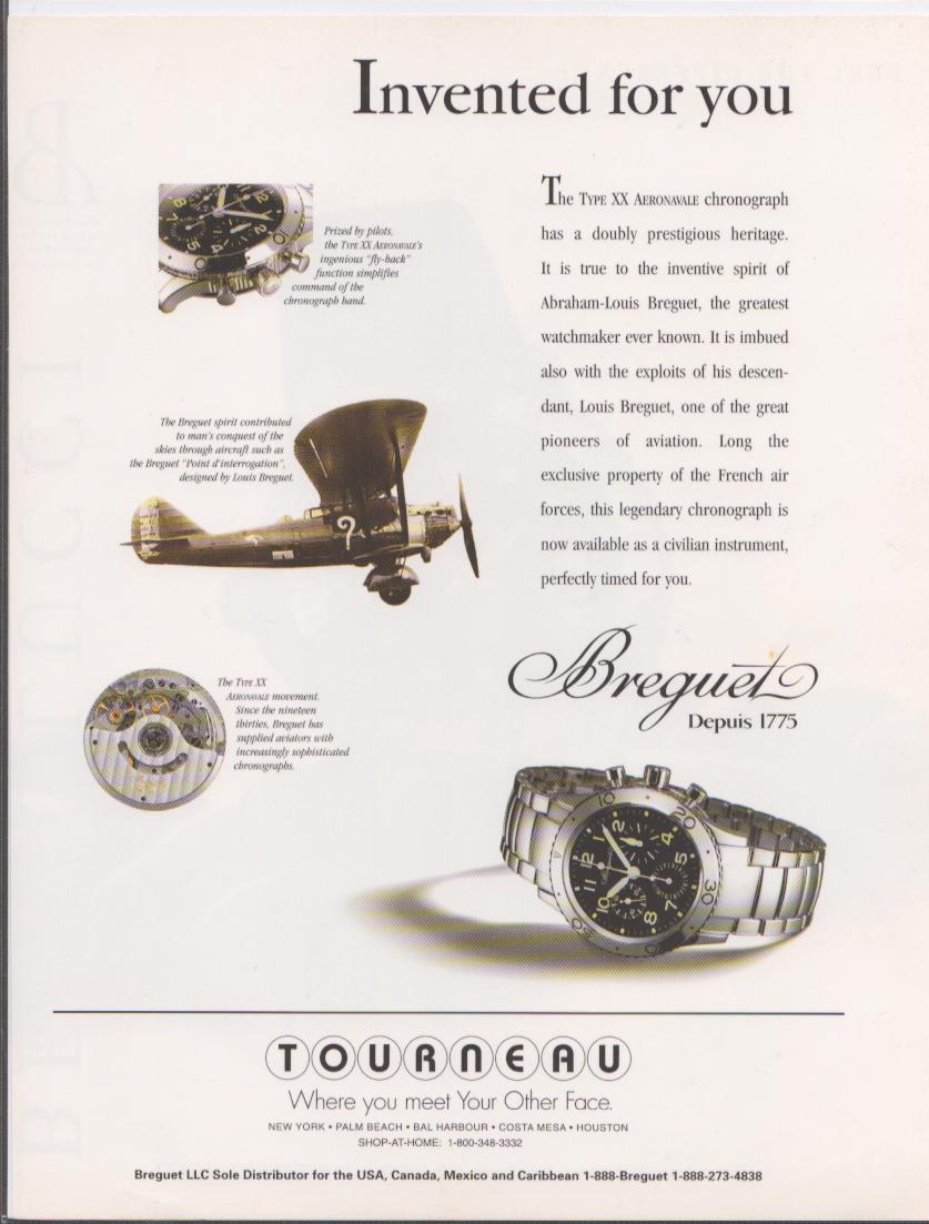 Vintage 1990s Breguet Type XX Aéronavale original print advertisement, featuring the chronograph watch alongside a vintage French military aircraft and movement detail on white background