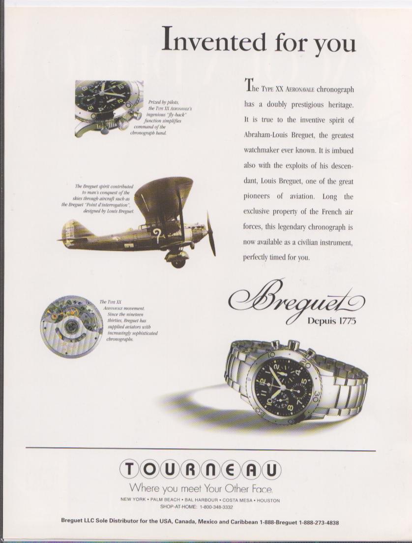 Vintage 1990s Breguet Type XX Aeronavale original print advertisement, featuring the chronograph watch, vintage aircraft illustration, and movement detail on cream background