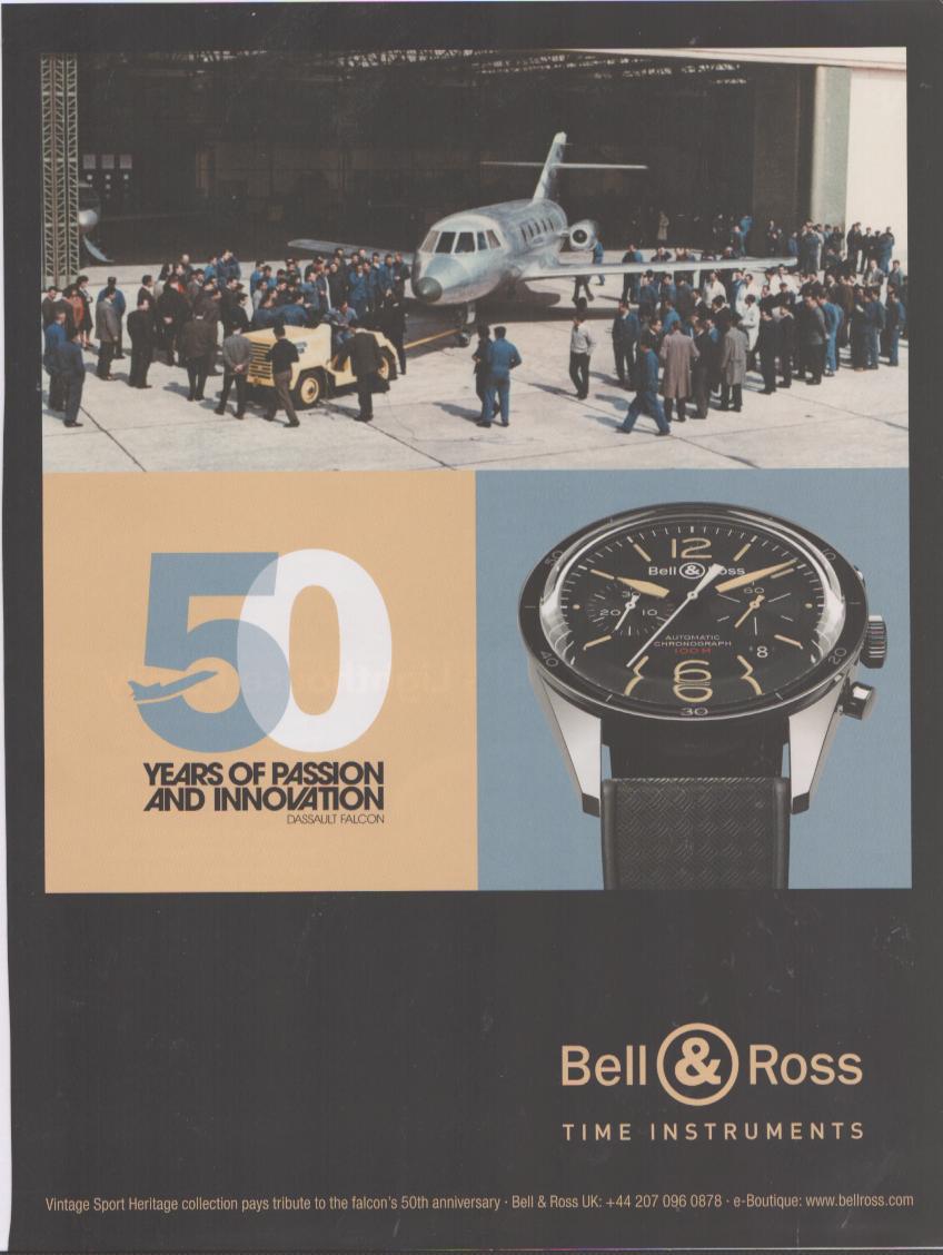 Vintage Bell & Ross Dassault Falcon 50th Anniversary original print advertisement, hangar rollout photograph above chronograph watch with '50 Years of Passion and Innovation' headline