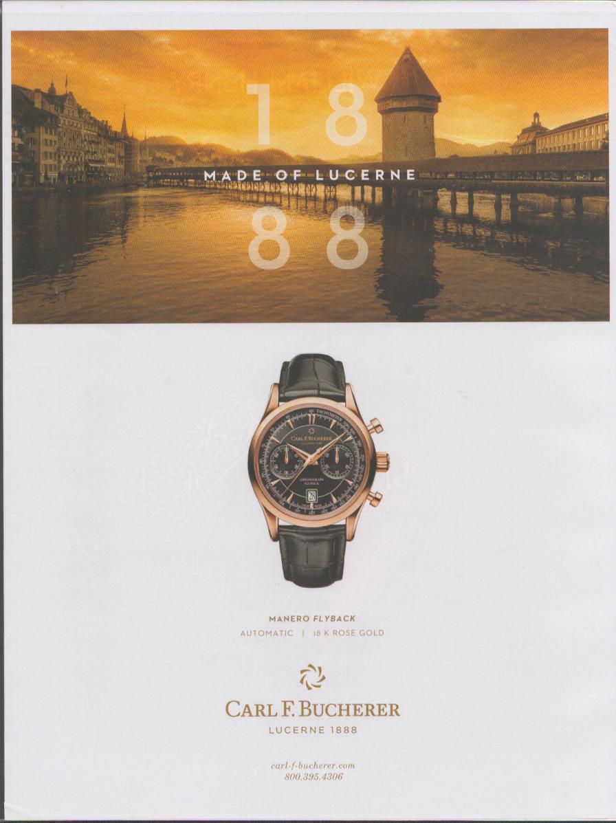 Vintage 2010s Carl F. Bucherer Manero Flyback original print advertisement, golden-hour Lucerne Chapel Bridge panorama above 18K rose gold chronograph watch on white background