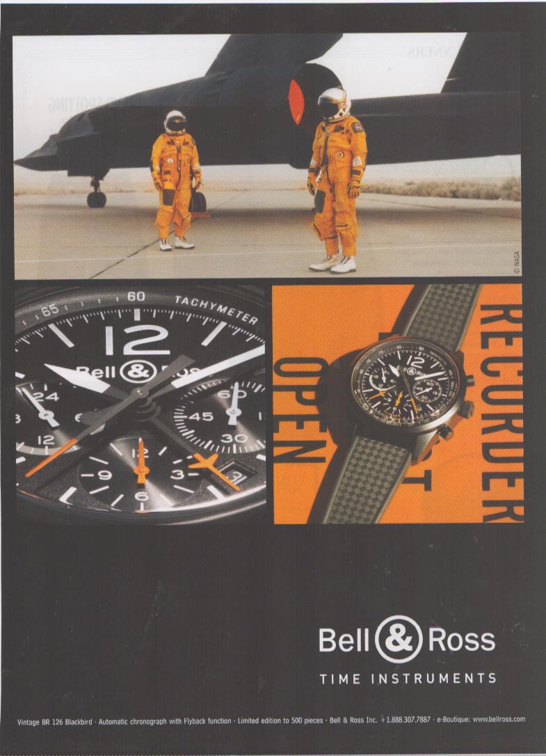 Vintage 2000s Bell & Ross BR 126 Blackbird original print advertisement, featuring NASA SR-71 Blackbird aircraft with orange-suited pilots and close-up chronograph dial imagery
