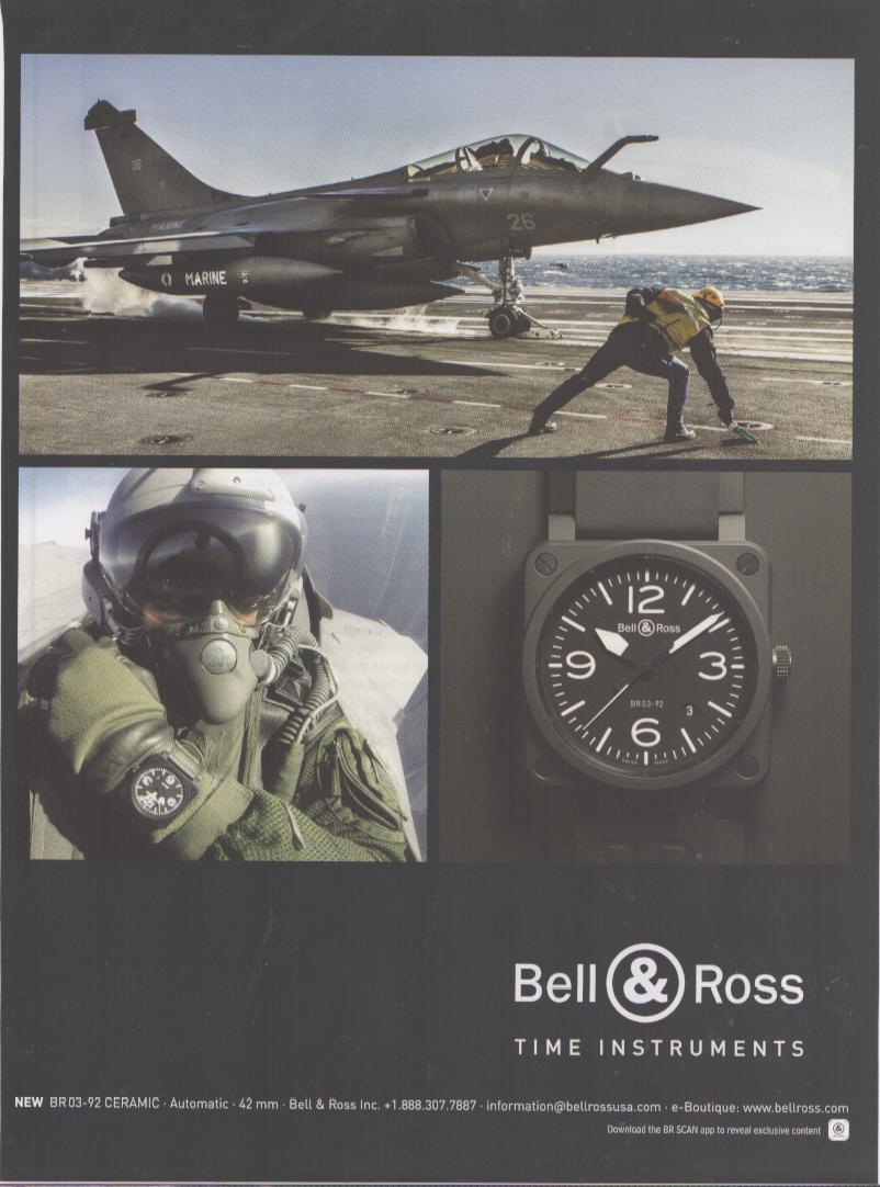Vintage 2012 Bell & Ross BR03-92 Ceramic original print advertisement, French Navy Rafale jet on aircraft carrier deck with pilot and square black ceramic watch detail