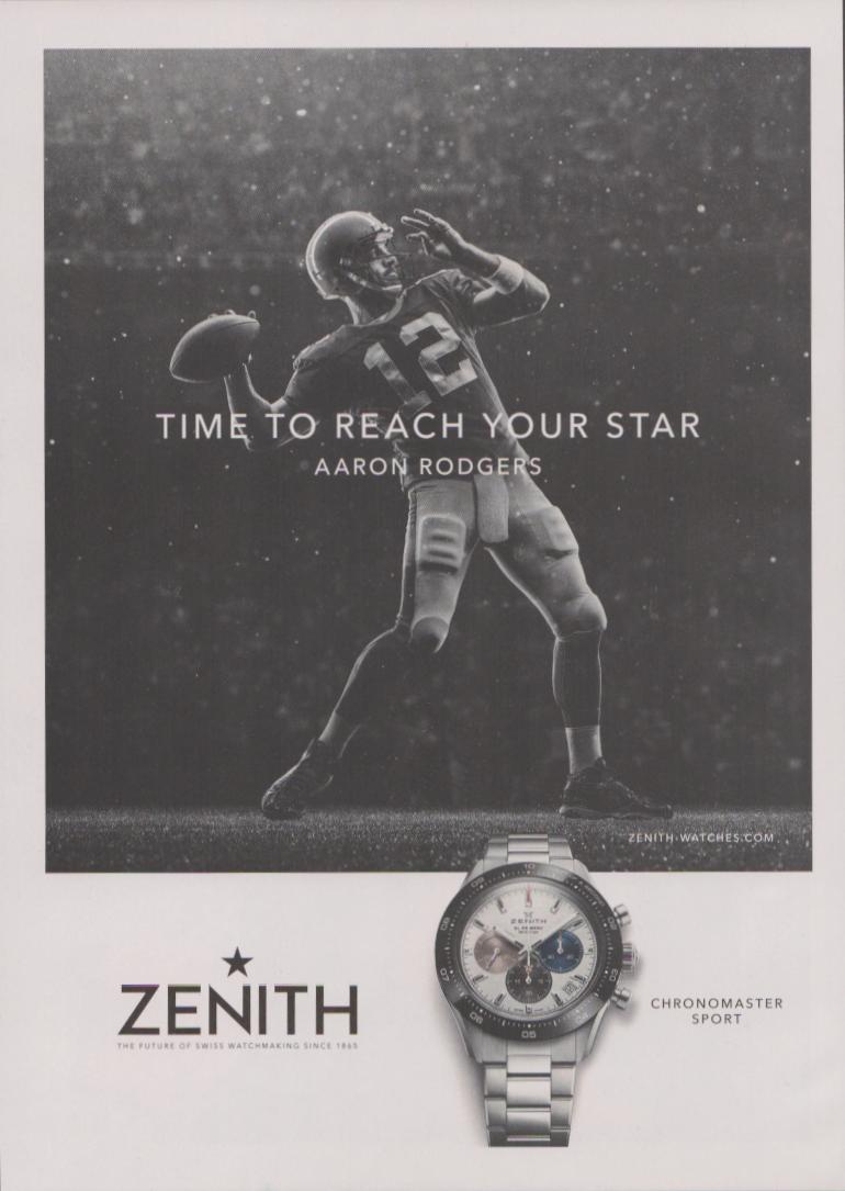 Vintage 2020s Zenith Chronomaster Sport original print advertisement, black-and-white image of Aaron Rodgers throwing a football with watch detail below