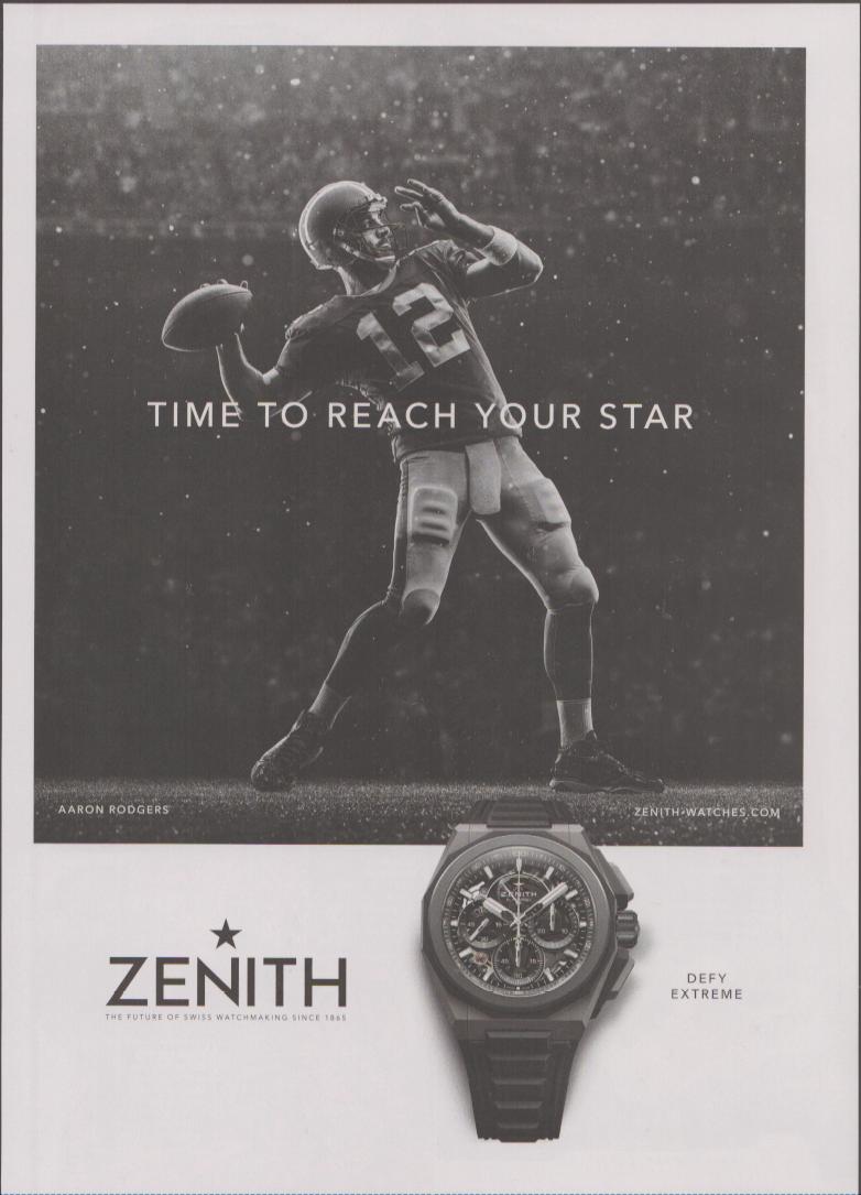 Vintage 2010s Zenith Defy Extreme original print advertisement, black and white image of Aaron Rodgers #12 throwing a football in a rain-soaked stadium with Zenith Defy Extreme watch below