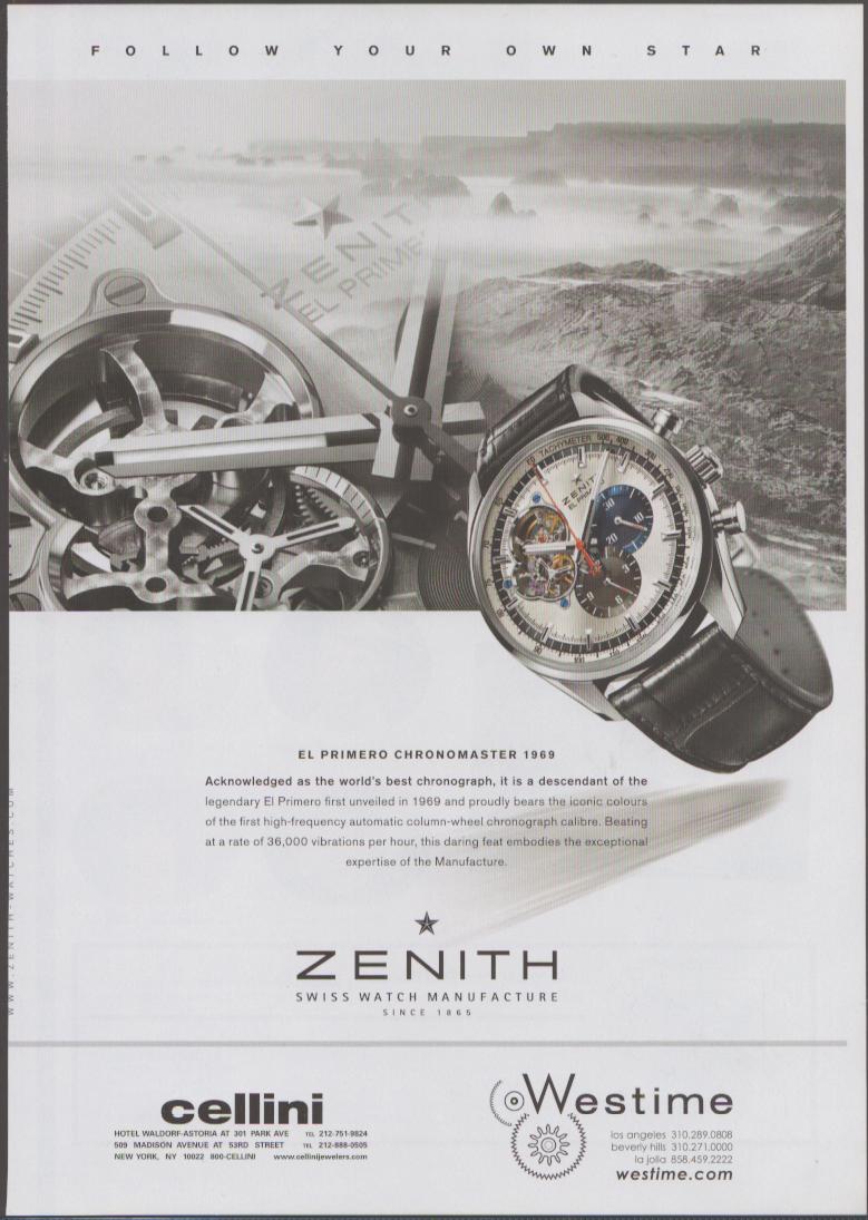 Vintage 2000s Zenith El Primero Chronomaster 1969 original print advertisement, black and white imagery of movement and chronograph watch against coastal landscape