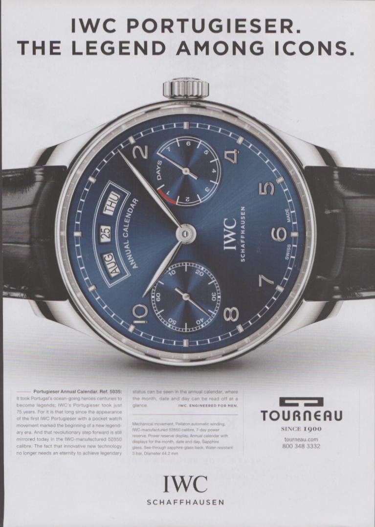 Vintage 2000s IWC Portugieser Annual Calendar Ref. 5035 original print advertisement, close-up blue dial with day-date-month displays on white background