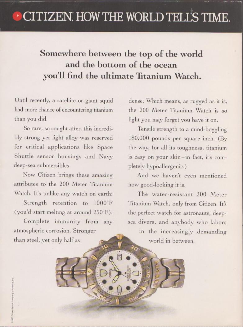 Vintage 1995 Citizen 200 Meter Titanium Diver original print advertisement, white background with bold headline and full watch image on integrated titanium bracelet