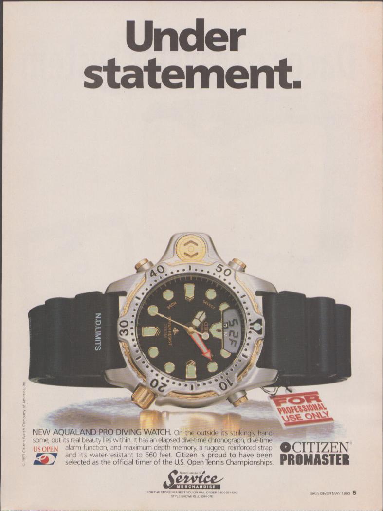Vintage 1993 Citizen Promaster Aqualand Pro original print advertisement, large ana-digi dive watch on black rubber strap against cream background with 'Understatement' headline