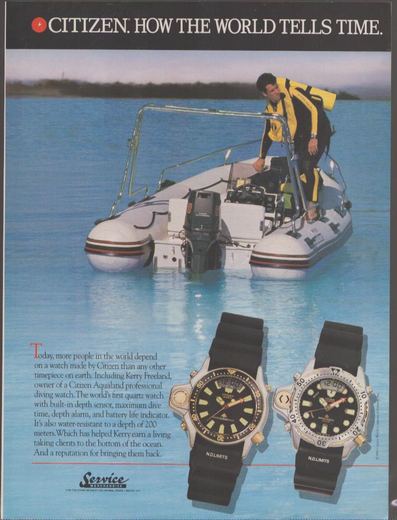 Vintage 1988 Citizen Aqualand Professional original print advertisement, scuba diver in yellow wetsuit on inflatable boat with two dive watches displayed