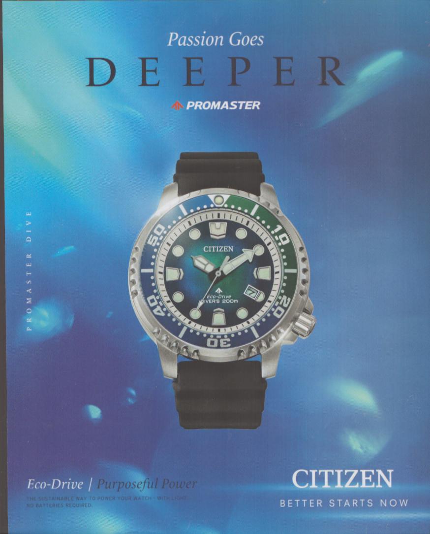 Vintage Citizen Promaster Eco-Drive Diver's 200m original print advertisement, full-page ad featuring the watch on an underwater blue ocean background with 'Passion Goes Deeper' headline