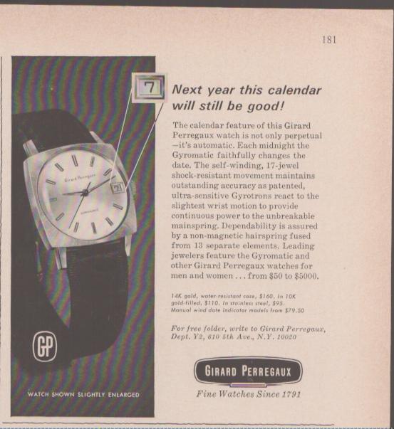 Vintage 1960s Girard Perregaux Gyromatic original print advertisement, black and white image of square-cased automatic calendar wristwatch on dark background