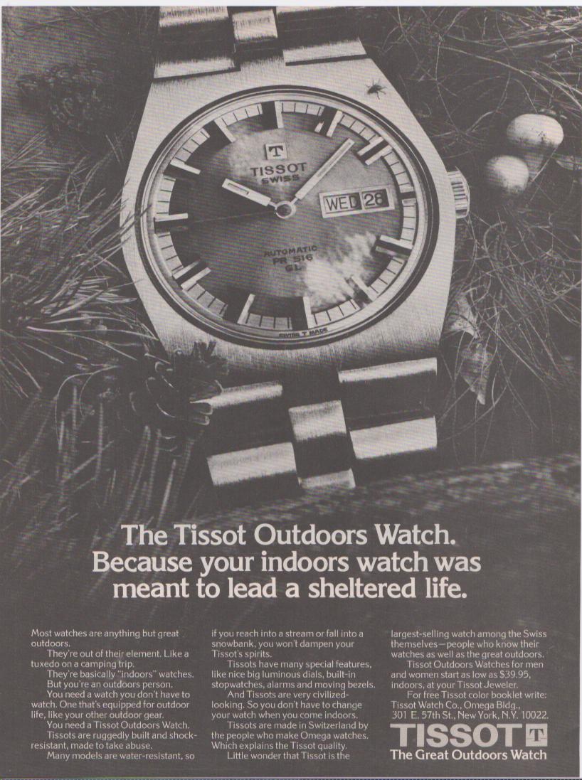 Vintage 1970s Tissot PR 516 GL Automatic original print advertisement, black and white close-up of watch on integrated bracelet set against pine needles and outdoor foliage