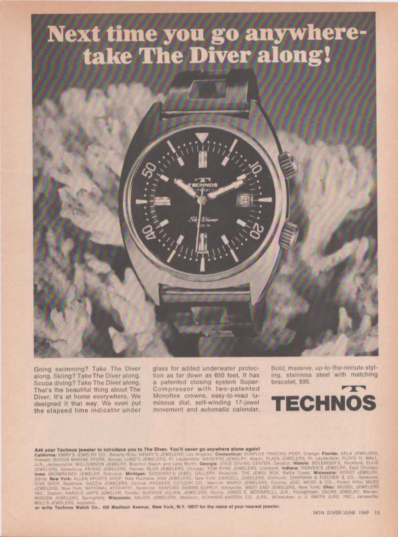 Vintage 1969 Technos Sky Diver Automatic original print advertisement, black and white image of large dive watch with dual crowns set against coral background