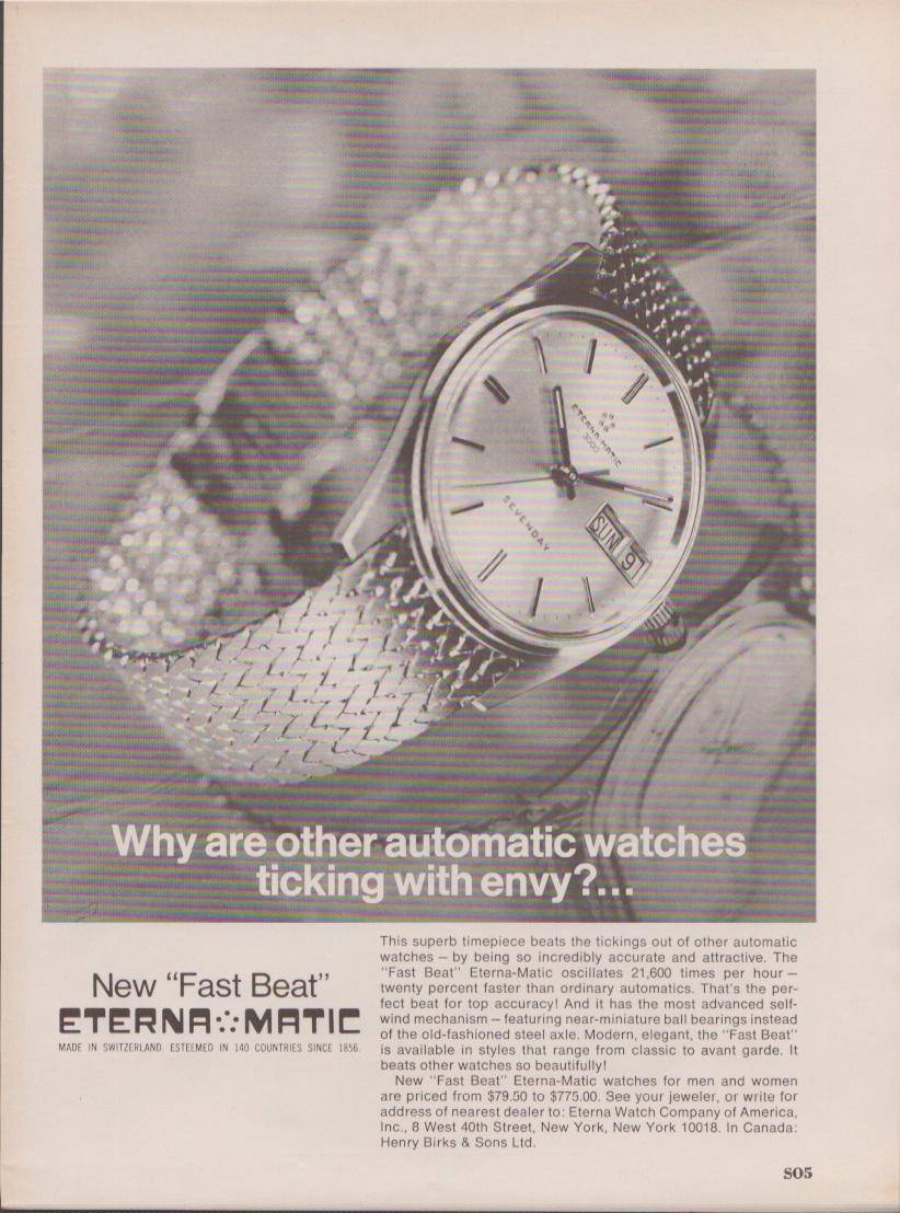 Vintage 1960s Eterna-Matic Fast Beat automatic original print advertisement, black and white close-up of day-date watch on woven bracelet with bold headline