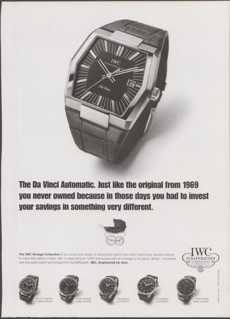 Vintage 2008 IWC Da Vinci Automatic original print advertisement, black and white ad featuring cushion-case Da Vinci watch with baby carriage illustration and full IWC Vintage Collection lineup
