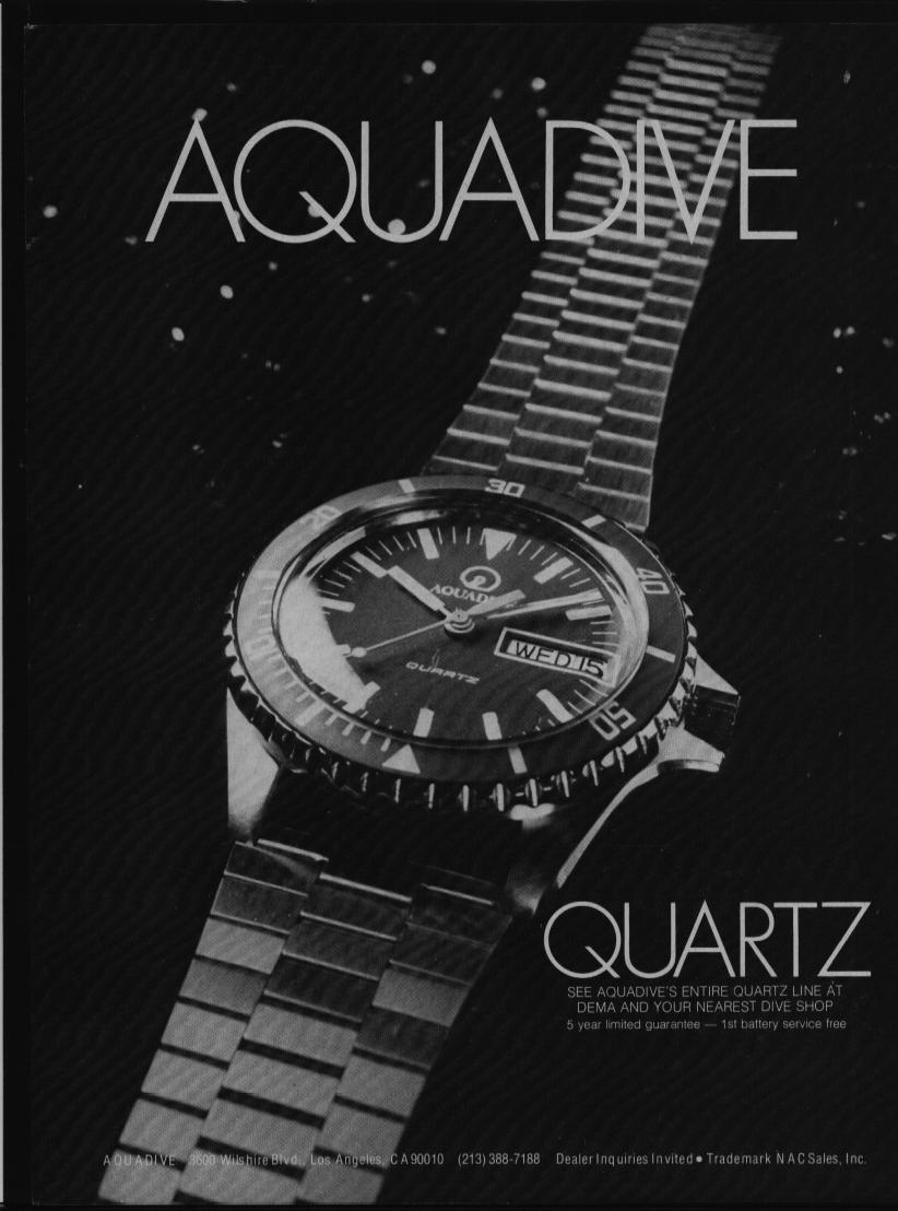 Vintage 1970s Aquadive Quartz diver original print advertisement, dramatic black-and-white close-up of dive watch with rotating bezel and integrated bracelet on dark background