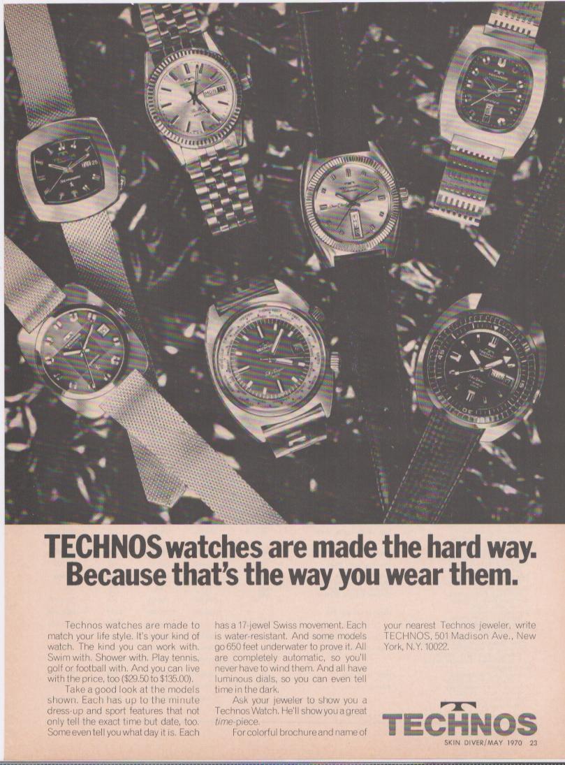 Vintage 1970 Technos Swiss watches original print advertisement, black and white scatter layout of seven automatic watch models including sport divers and dress watches