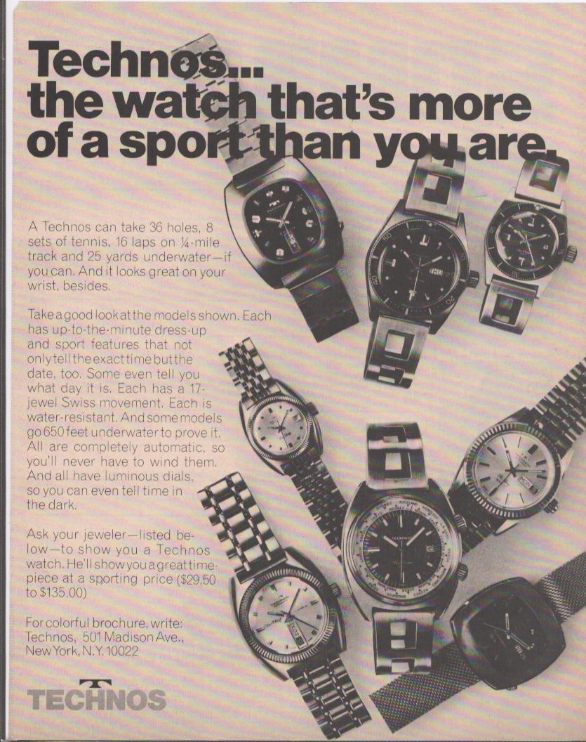 Vintage 1970s Technos sport watch collection original print advertisement, black and white layout featuring eight Swiss automatic sport watch models scattered across page with bold headline copy