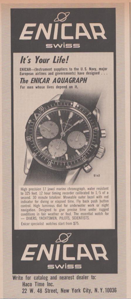 Vintage 1960s Enicar Aquagraph Swiss chronograph original print advertisement, black and white illustration of professional dive chronograph with rotating bezel and three subsidiary dials