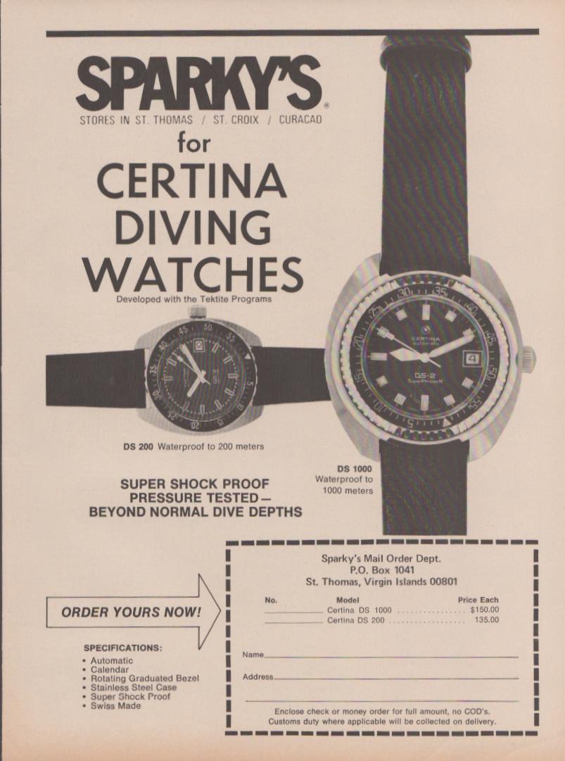 Vintage 1970s Certina DS 1000 and DS 200 diving watches original print advertisement, black and white ad featuring two dive watches with rotating bezels, Sparky's Caribbean duty-free retailer mail order coupon