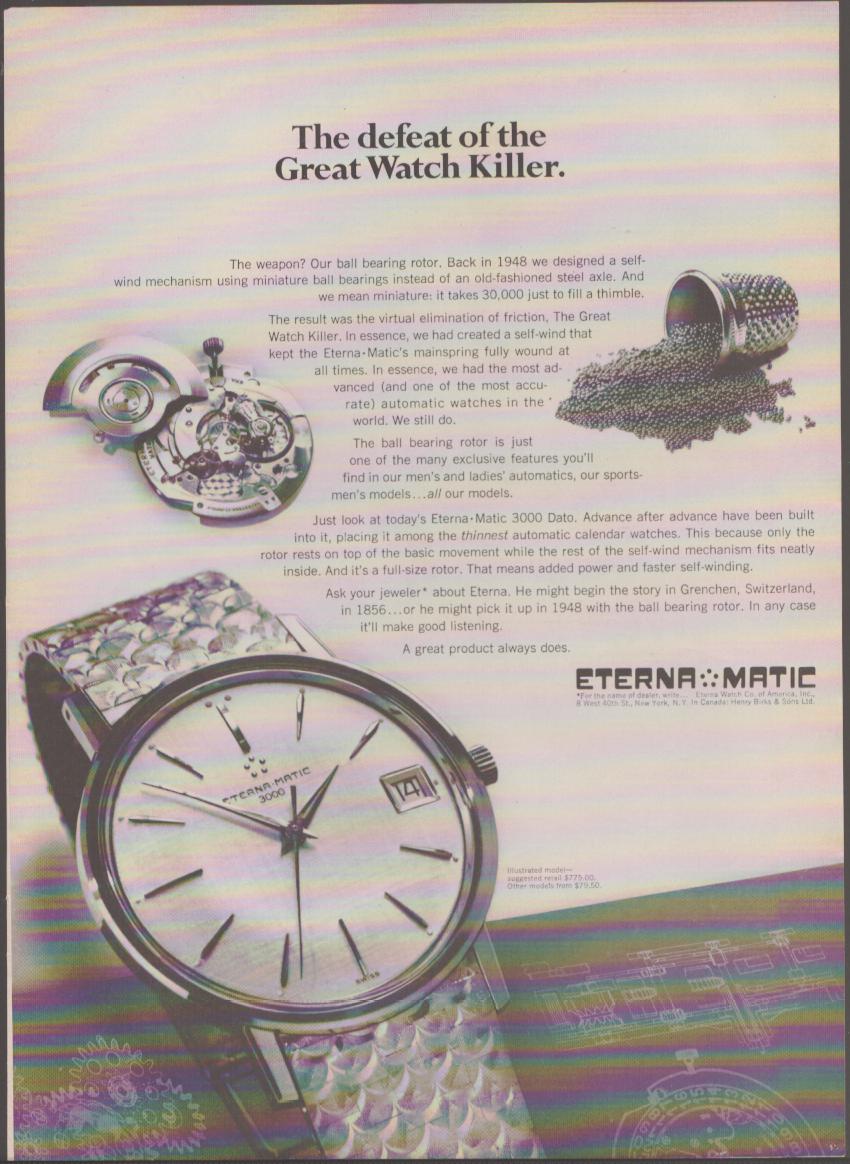 Vintage 1960s Eterna-Matic 3000 Dato original print advertisement, large dress watch with date window alongside exposed movement and spilled ball bearings on pastel background