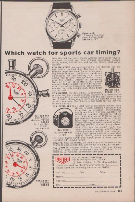 Vintage 1964 Heuer Carrera-12 original print advertisement, featuring Carrera-12 chronograph and rally stopwatches with 'Which watch for sports car timing?' headline