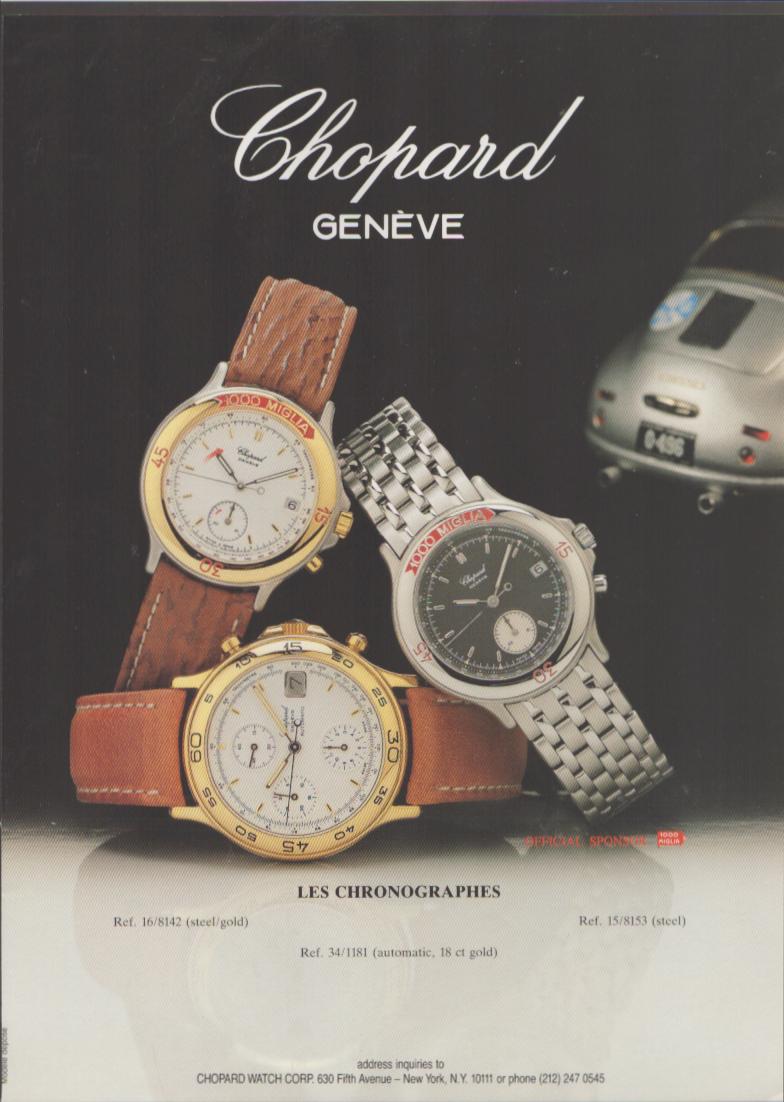 Vintage 1990s Chopard Mille Miglia Les Chronographes original print advertisement, three chronograph watches displayed against dark background with silver vintage racing car