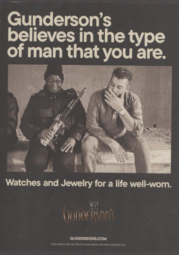 Vintage 2010s Gunderson's watches and jewelry original print advertisement, black background with bold white headline and sepia-toned lifestyle photograph of two men seated together