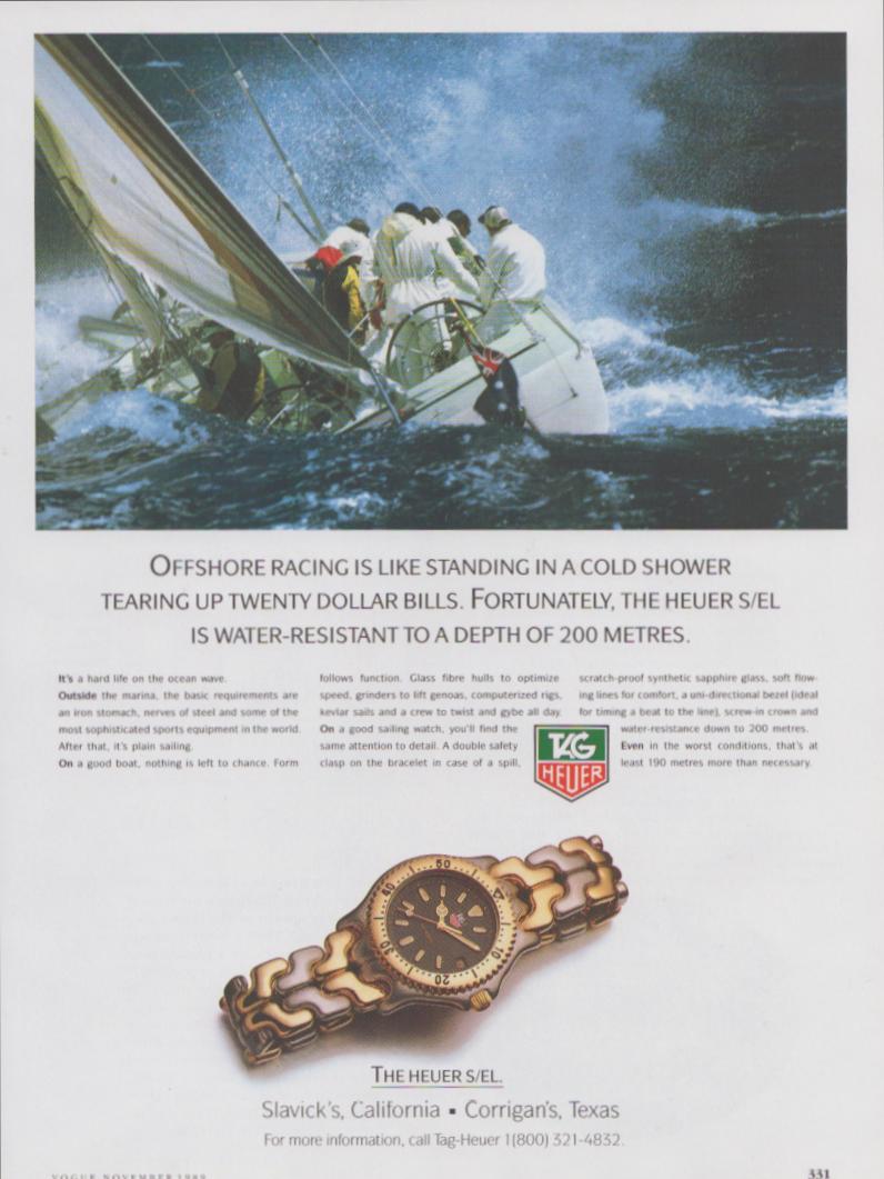 Vintage 1980s Tag Heuer S/EL original print advertisement, offshore racing sailboat crew in heavy seas with gold-tone watch below bold headline
