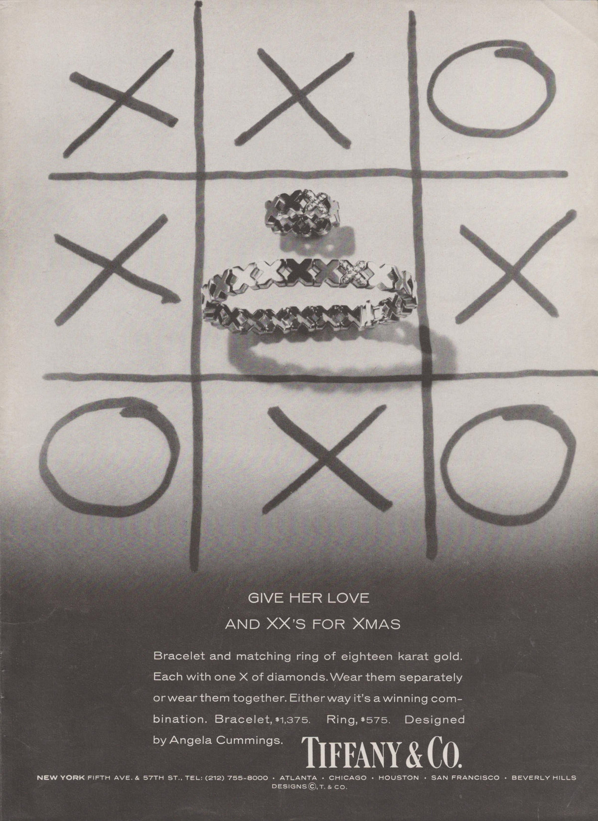 Vintage 1980s Tiffany & Co. Angela Cummings original print advertisement, black and white tic-tac-toe board with 18-karat gold X diamond bracelet and ring placed at center