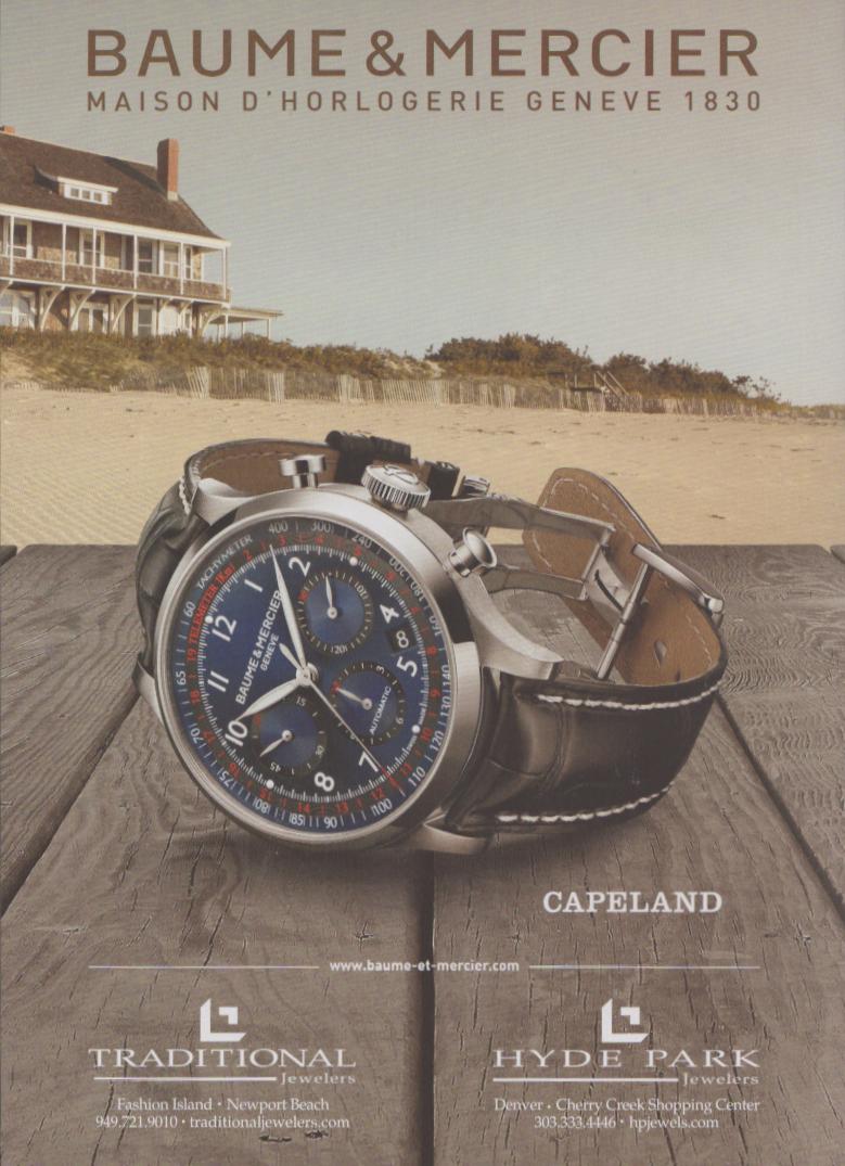 Vintage 2008 Baume & Mercier Capeland Chronograph original print advertisement, blue-dial automatic watch on weathered boardwalk with coastal beach house in background
