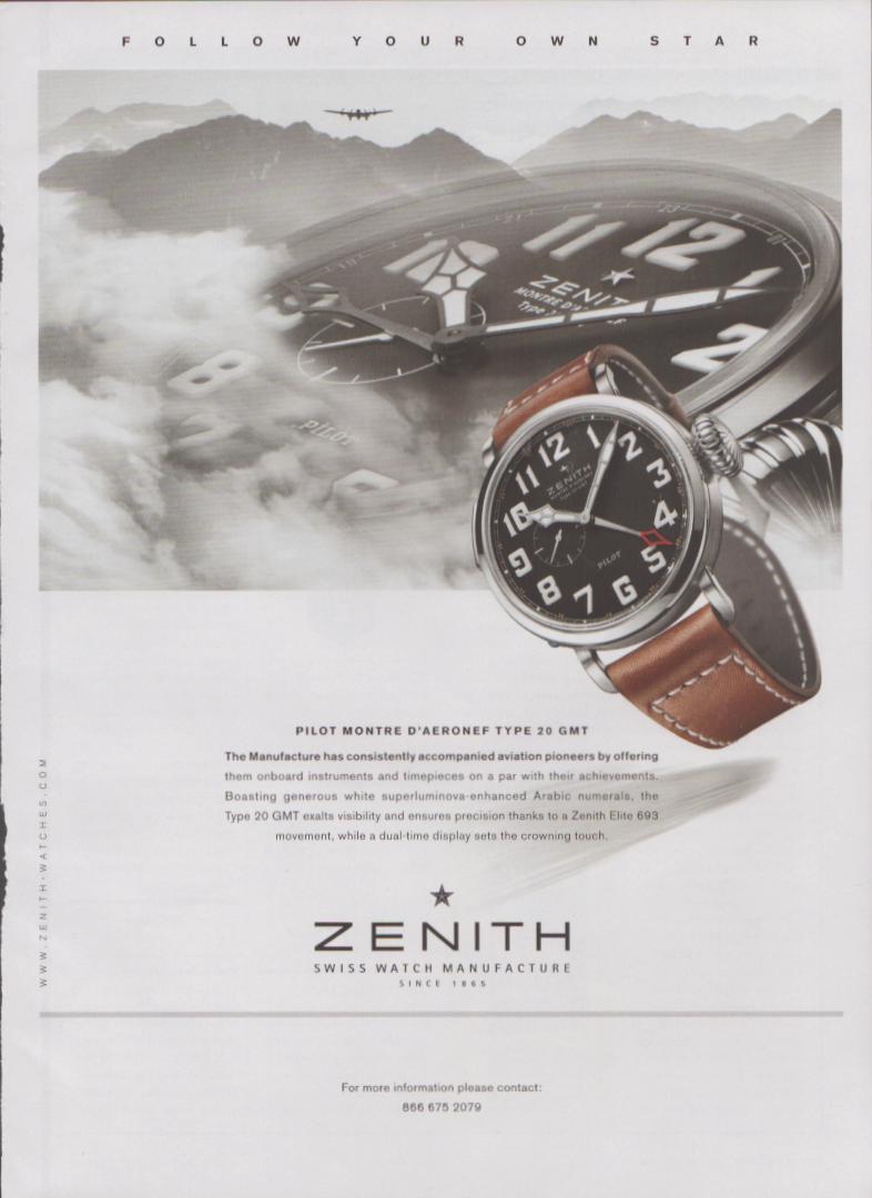 Vintage 2000s Zenith Pilot Montre d'Aéronef Type 20 GMT original print advertisement, dramatic cloudscape with bomber aircraft silhouette and oversized pilot watch on brown leather strap