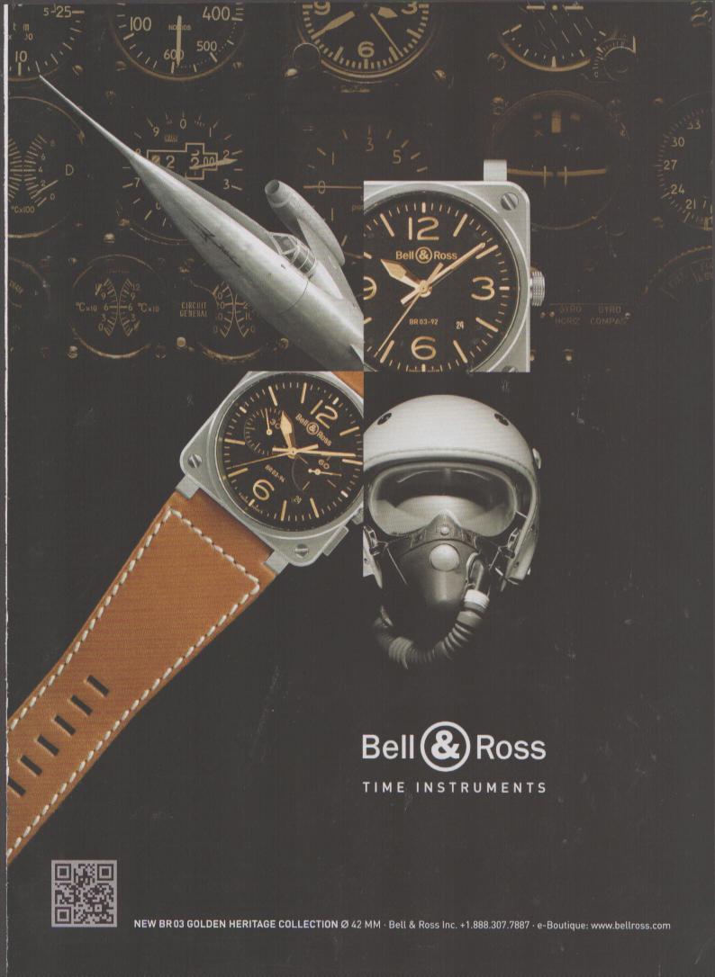 Vintage 2010s Bell & Ross BR03 Golden Heritage original print advertisement, two square pilot watches displayed against aircraft cockpit instruments, jet fighter, and military pilot helmet on dark background