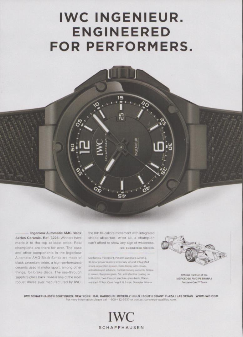 Vintage 2010s IWC Ingenieur AMG Black Series Ceramic original print advertisement, all-black ceramic watch on white background with Mercedes AMG Petronas F1 car illustration