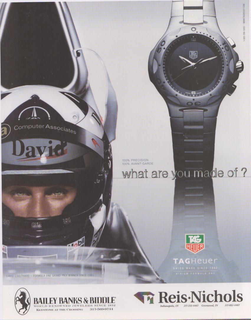 Vintage 1990s TAG Heuer Kirium Formula One original print advertisement featuring David Coulthard in racing helmet with watch closeup and 'what are you made of?' tagline