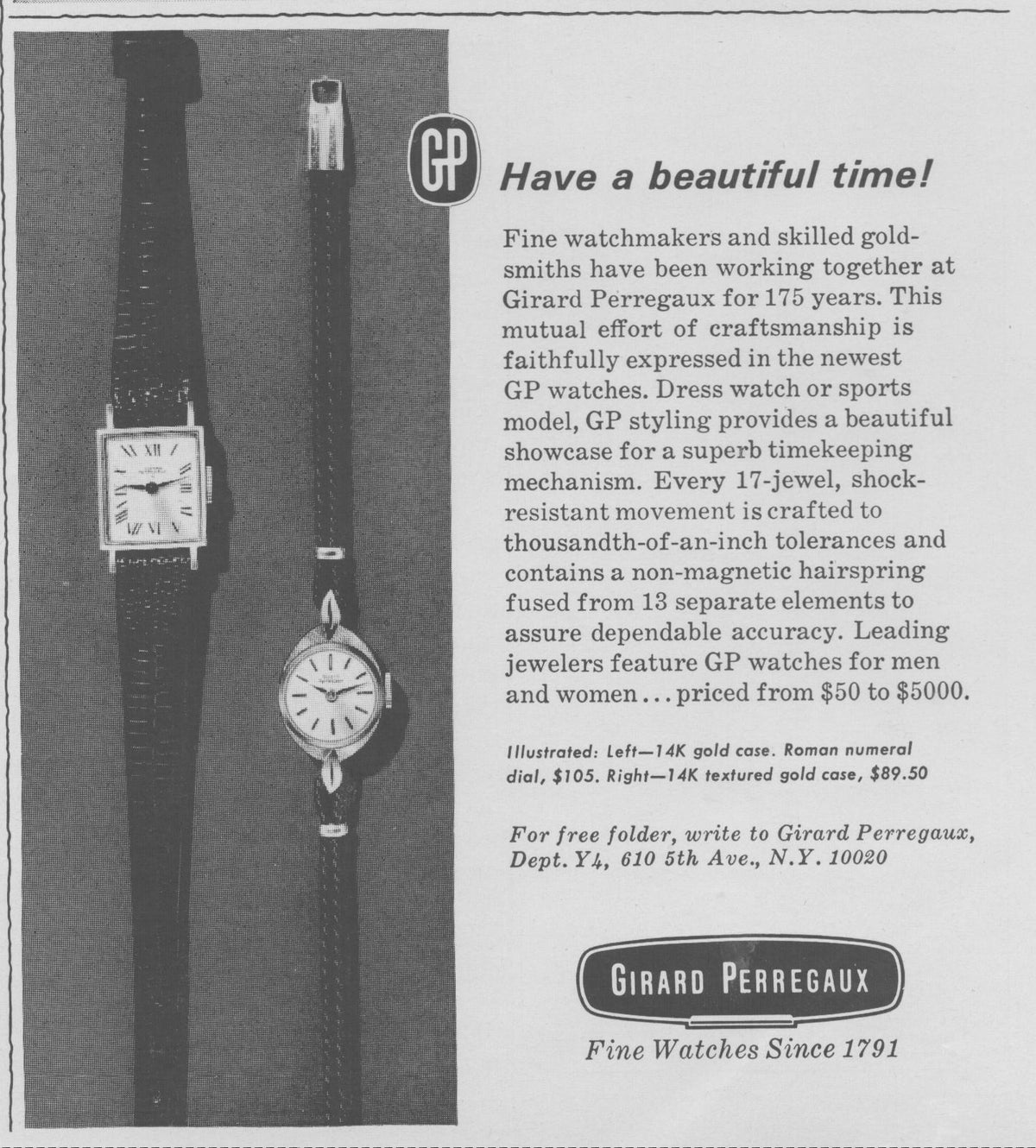Vintage 1960s Girard-Perregaux dress watch original print advertisement, black and white photo of two 14K gold ladies watches with leather straps against dark background