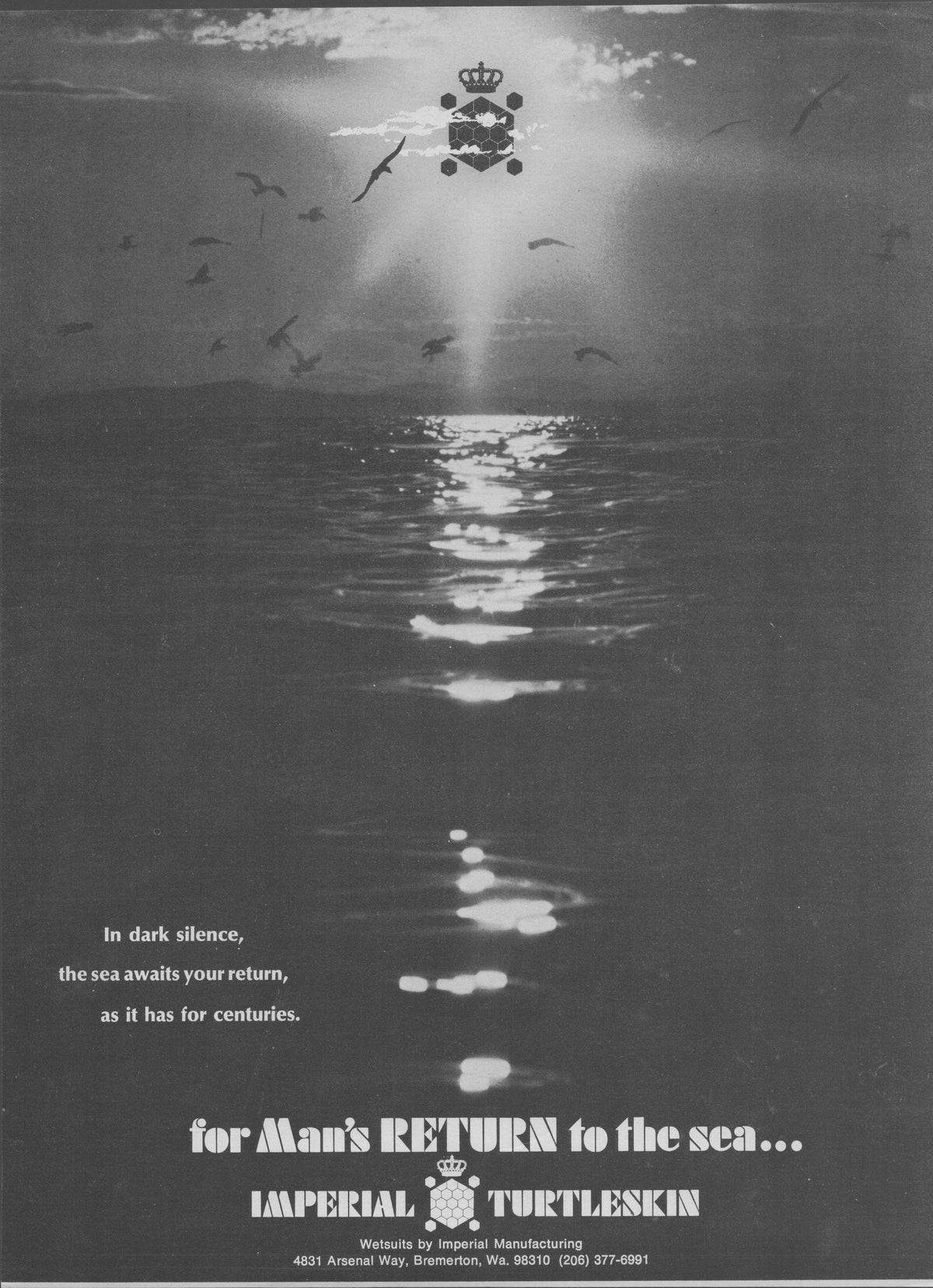 Vintage 1970s Imperial Turtleskin wetsuit original print advertisement, dramatic black-and-white seascape with light reflecting on open water and seabirds in silhouette