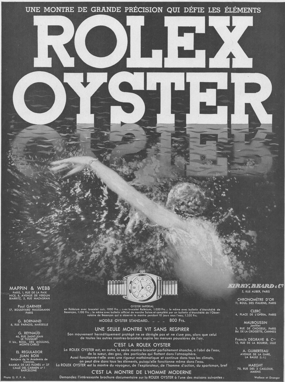 Vintage 1930s Rolex Oyster original print advertisement, French language, dramatic black and white imagery of swimmer underwater beneath bold block lettering