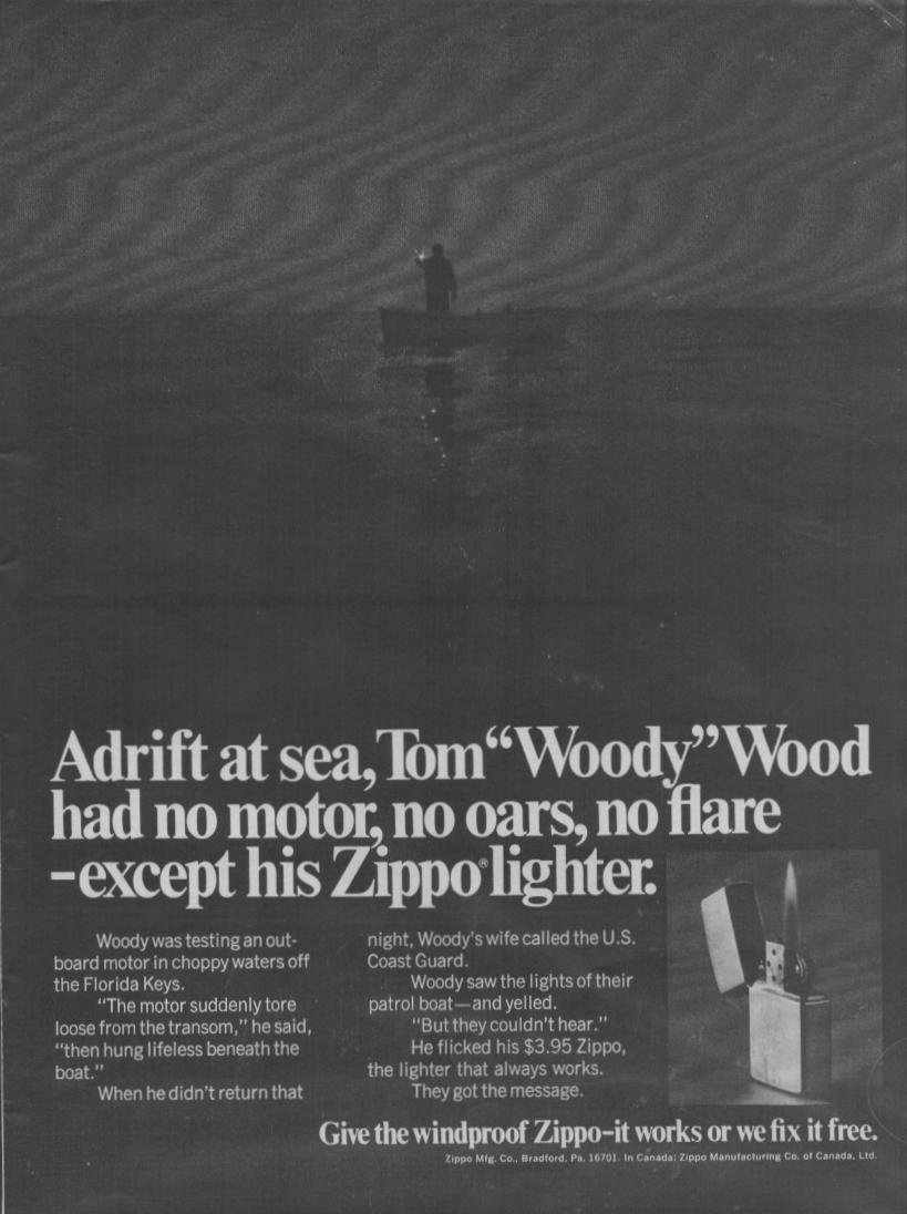 Vintage 1960s Zippo lighter original print advertisement, lone figure adrift on dark water at night with dramatic survival story headline