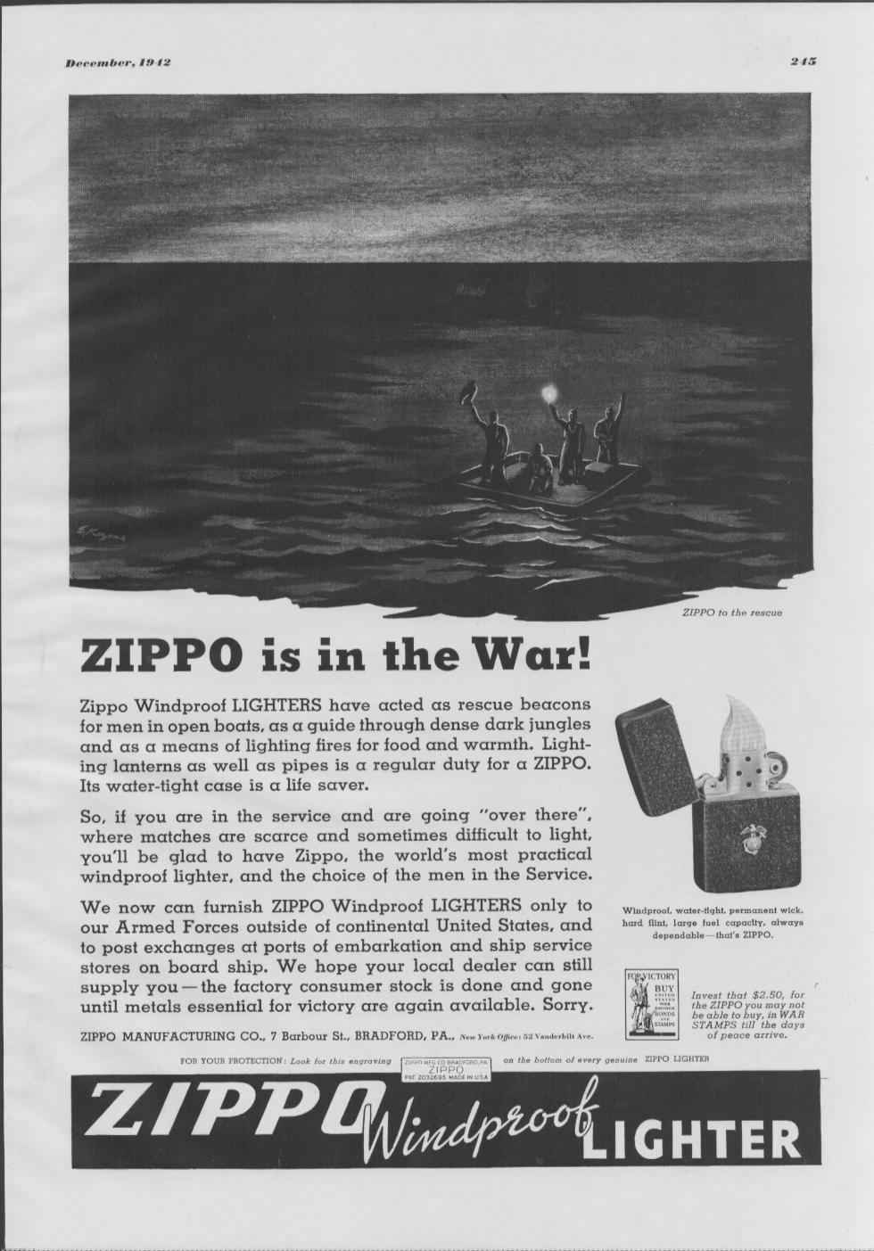 Vintage 1942 Zippo Windproof Lighter original print advertisement, dramatic black and white wartime illustration of soldiers signaling from a boat at night with the headline 'Zippo is in the War!'